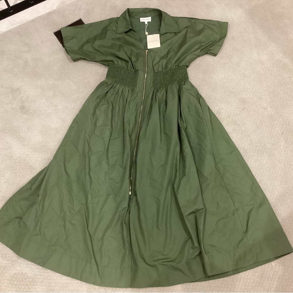 entro Olive Green Short-Sleeve Maxi Dress with Smocked Waist